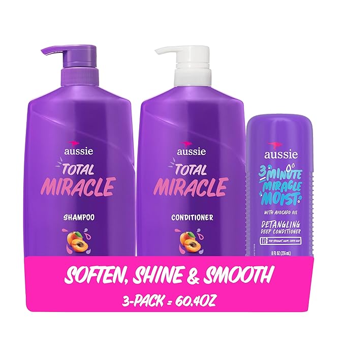 Aussie Total Miracle Hair Care Bundle: Shampoo, Conditioner, and 3 Minute Deep Treatment with Apricot & Macadamia Oil, Paraben-Free for Damaged Hair, 26.2 & 8 Fl Oz