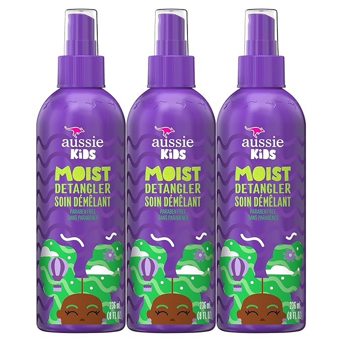 Aussie Kids Moist Detangler Spray, Sulfate & Paraben Free, Moisturizing & Tangle-Free Hair Care for Kids, Cruelty-Free, 8 Fl Oz Each, 3 Pack