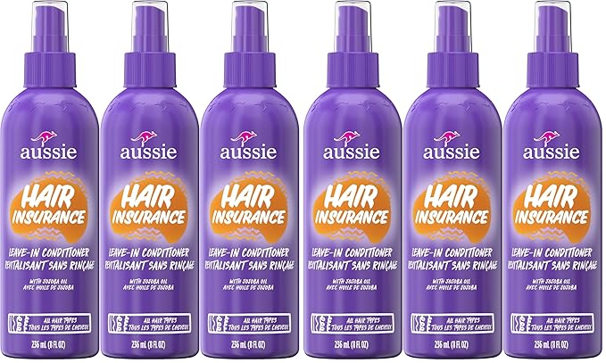 Aussie Hair Insurance Leave-In Conditioner Spray,Frizz Control,Softening with Jojoba & Sea Kelp,Moisturizing Treatment for All Hair Types,Juicy Citrus,8 Fl Oz Each,(Pack of 6)