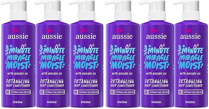 Aussie 3 Minute Miracle Moist Deep Conditioner for Dry Hair, Avocado & Jojoba Oil, Safe for Color Treated Hair, Nourishing Hydration, Silky Shine, Paraben-Free, 16 Fl Oz Each (Pack of 6)